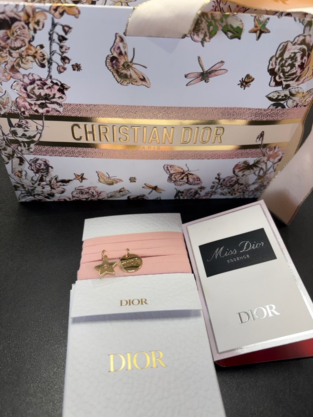 Dior 💙 New 4pc  bundle *Pink floral bag & pink Ribbon Hair Tie &box,essence